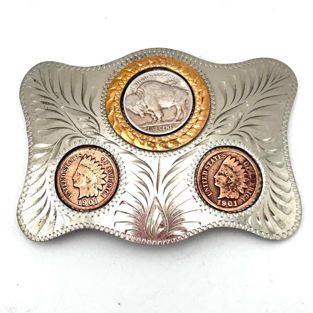 Vintage German Belt Buckle Buffalo Nickel 1901 Indian Head Pennies Silver Tone